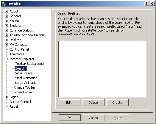 The TweakUI interface > Internet Explorer > Search